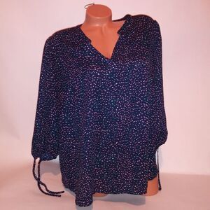 Collective Concepts Blouse Womens 1X Blue Pink Dots Chiffon 3/4 Sleeve V Neck